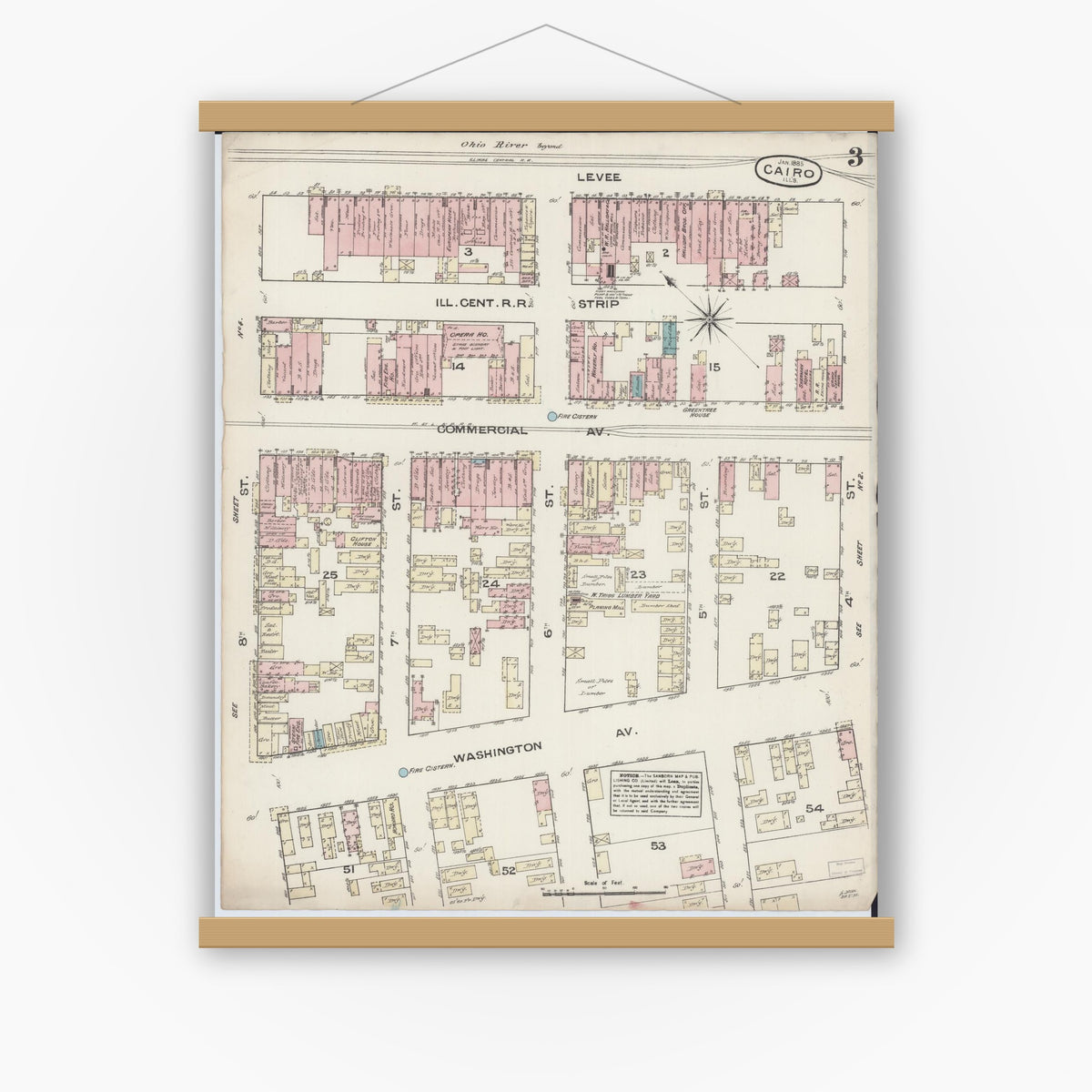 Old map wall art mockup — magnetic wood frame on white wall — Sanborn Fire Insurance Map from Cairo, Alexander County, Illinois (1885), Sheet #0003