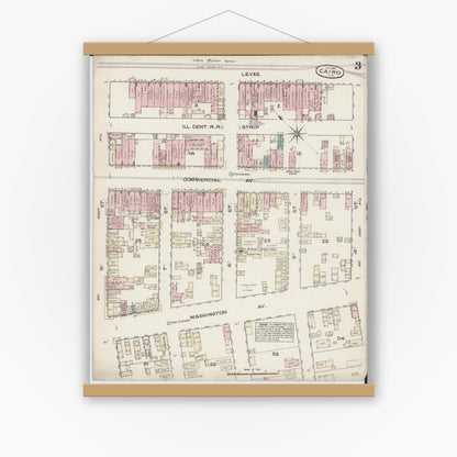 Old map wall art mockup — magnetic wood frame on white wall — Sanborn Fire Insurance Map from Cairo, Alexander County, Illinois (1885), Sheet #0003