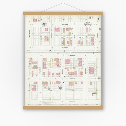 Old map wall art mockup — magnetic wood frame on white wall — Sanborn Fire Insurance Map from El Paso, El Paso County, Texas (1902), Sheet #0007