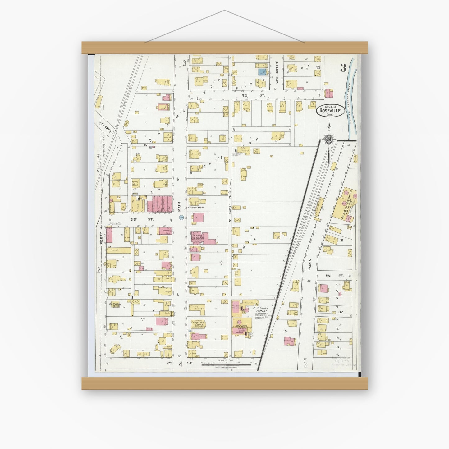 Old map wall art mockup — magnetic wood frame on white wall — Sanborn Fire Insurance Map from Roseville, Perry And Muskingum Counties, Ohio (1918), Sheet #0003