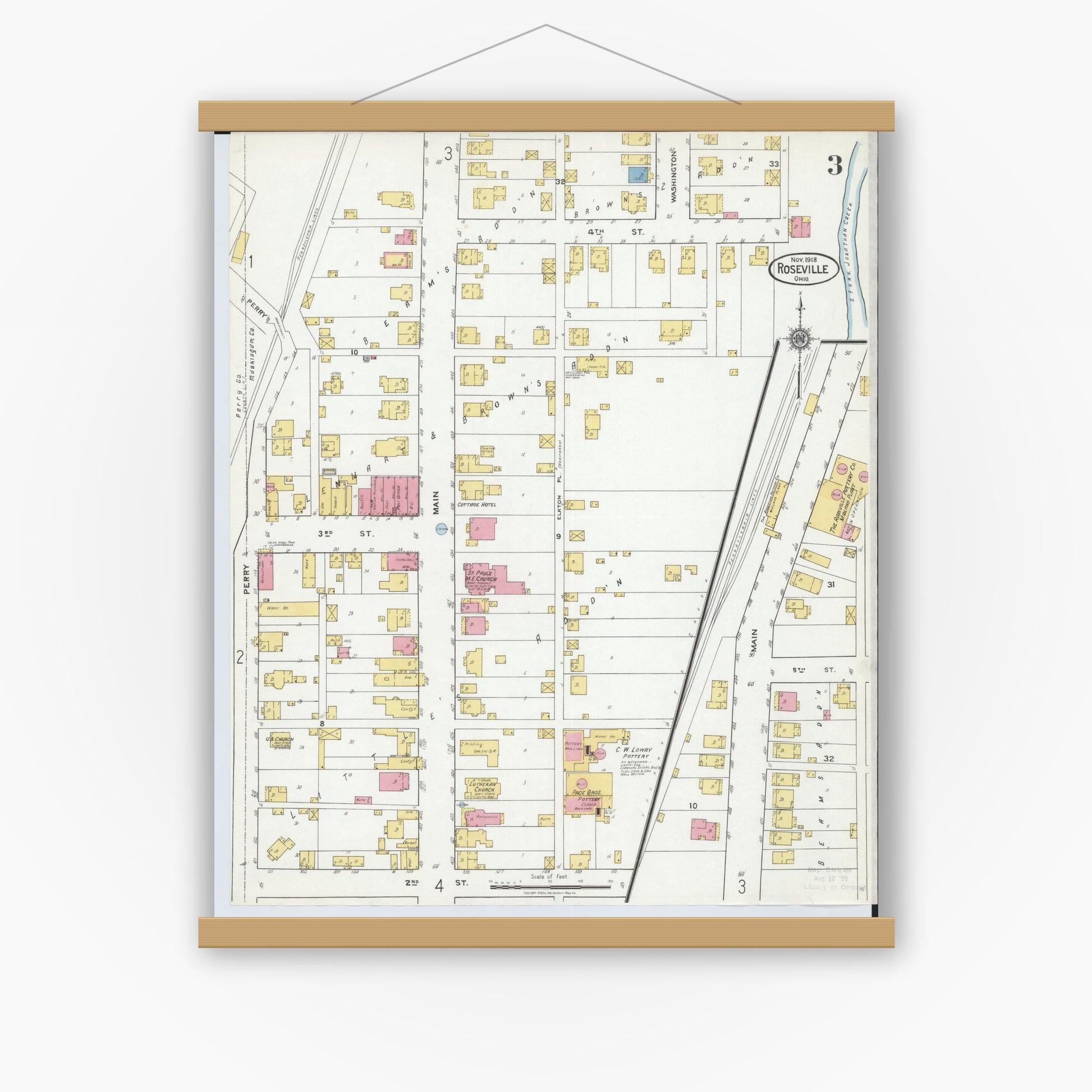 Old map wall art mockup — magnetic wood frame on white wall — Sanborn Fire Insurance Map from Roseville, Perry And Muskingum Counties, Ohio (1918), Sheet #0003