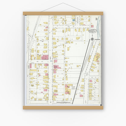 Old map wall art mockup — magnetic wood frame on white wall — Sanborn Fire Insurance Map from Roseville, Perry And Muskingum Counties, Ohio (1918), Sheet #0003