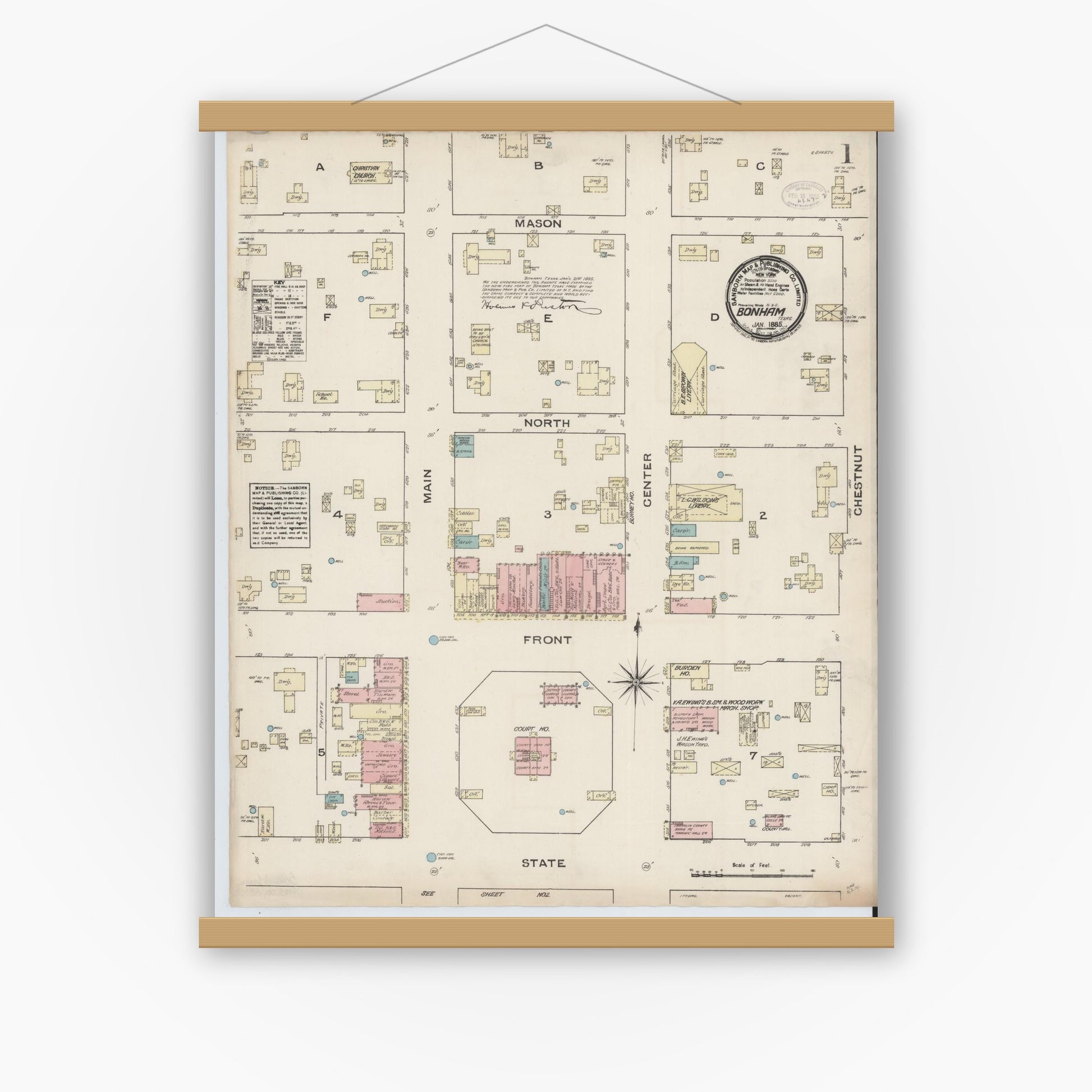 Old map wall art mockup — magnetic wood frame on white wall — Sanborn Fire Insurance Map from Bonham, Fannin County, Texas (1885), Sheet #0001