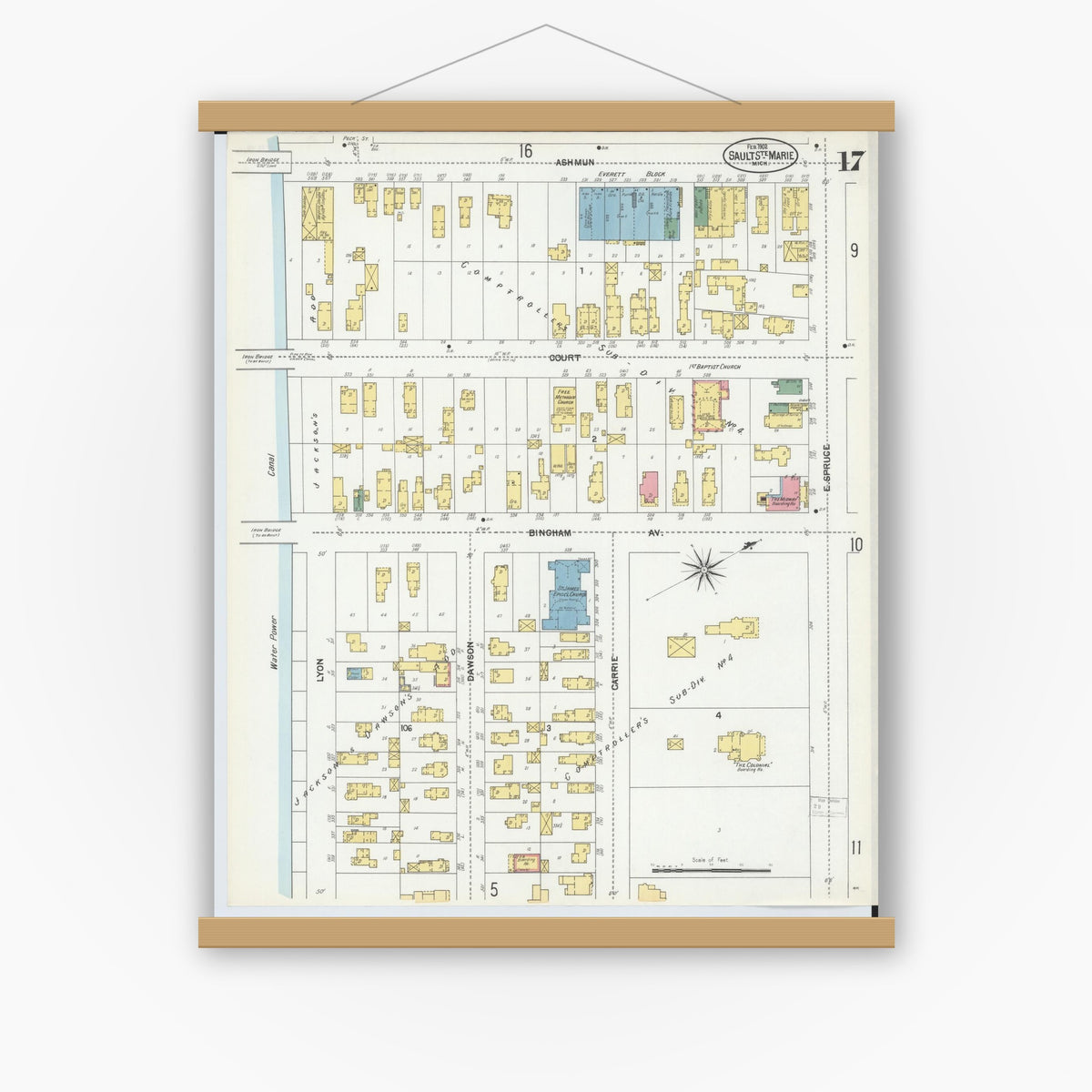 Old map wall art mockup — magnetic wood frame on white wall — Sanborn Fire Insurance Map from Sault Sainte Marie, Chippewa County, Michigan (1902), Sheet #0017