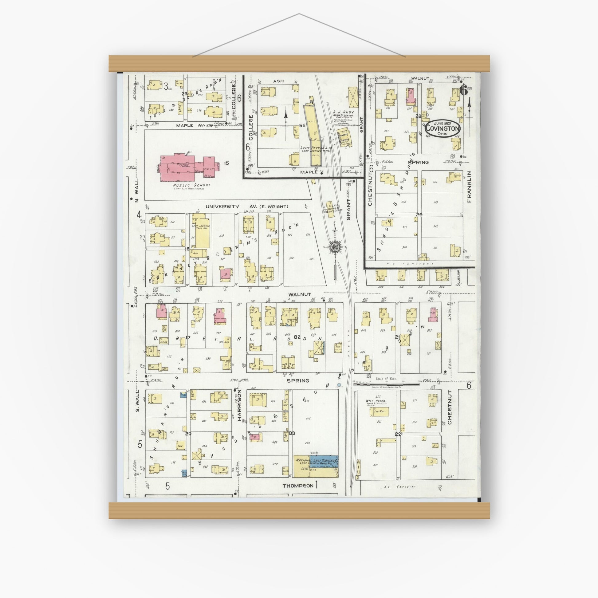 Old map wall art mockup — magnetic wood frame on white wall — Sanborn Fire Insurance Map from Covington, Miami County, Ohio (1920), Sheet #0006
