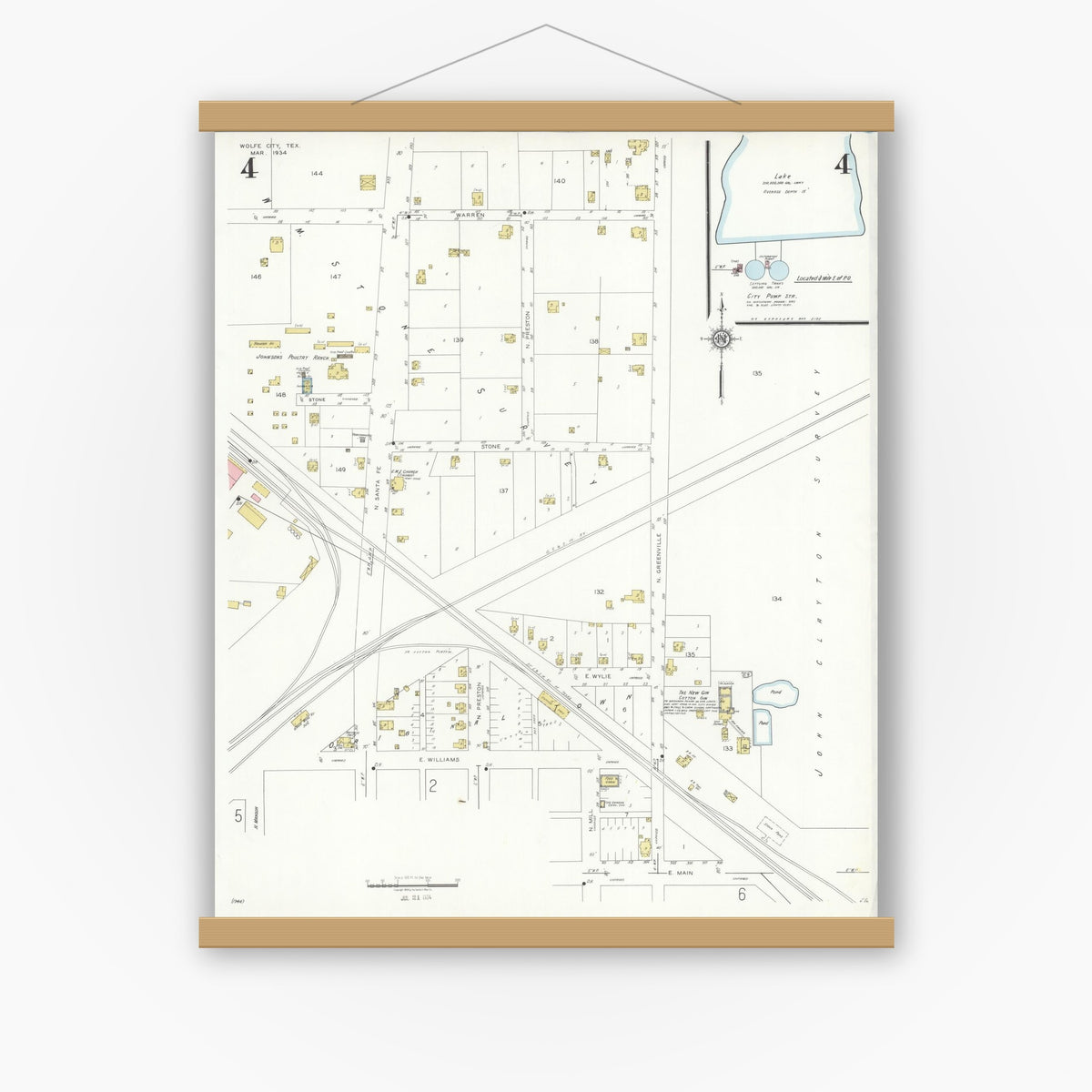 Old map wall art mockup — magnetic wood frame on white wall — Sanborn Fire Insurance Map from Wolfe City, Hunt County, Texas (1934), Sheet #0004