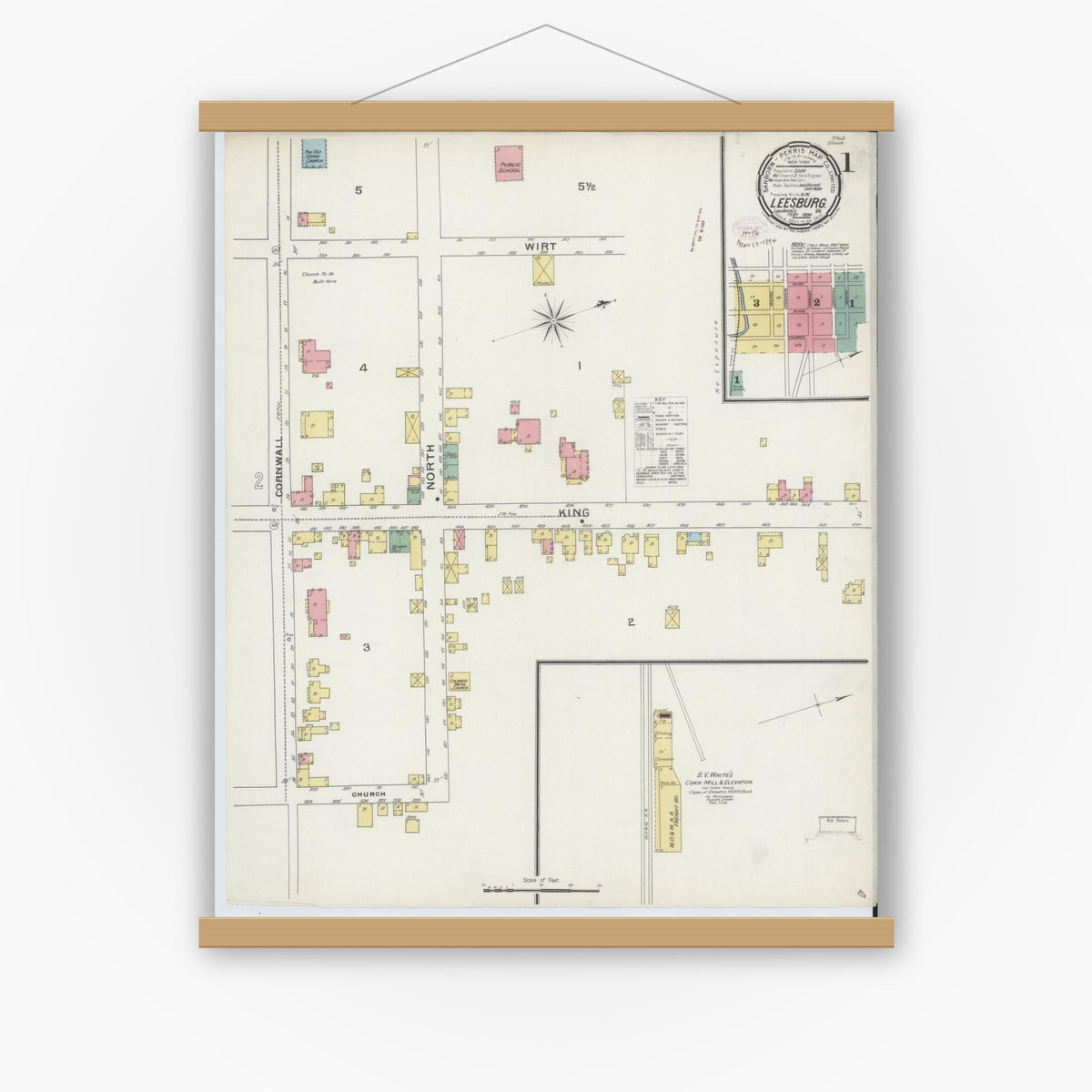 Old map wall art mockup — magnetic wood frame on white wall — Sanborn Fire Insurance Map from Leesburg, Loudoun County, Virginia (1894) - Complete Map Set