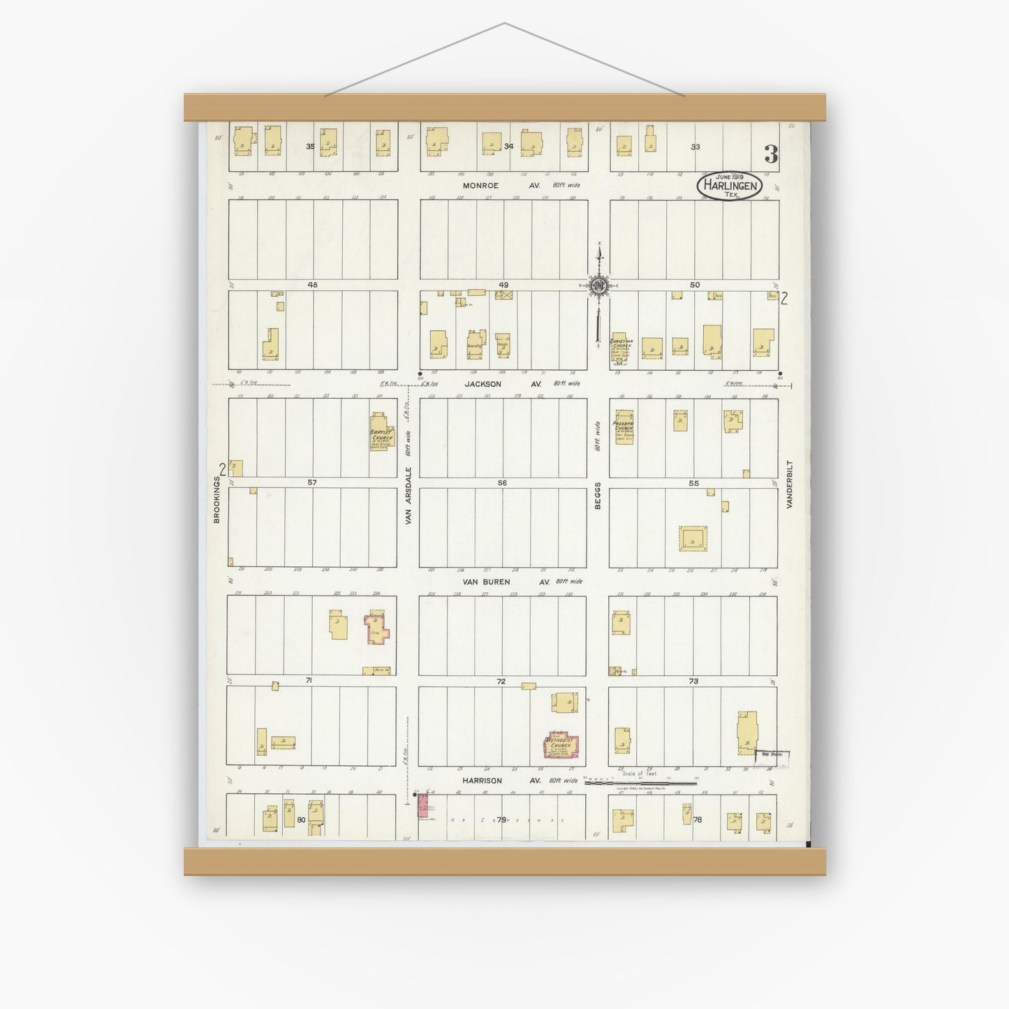 Old map wall art mockup — magnetic wood frame on white wall — Sanborn Fire Insurance Map from Harlingen, Cameron County, Texas (1919), Sheet #0003