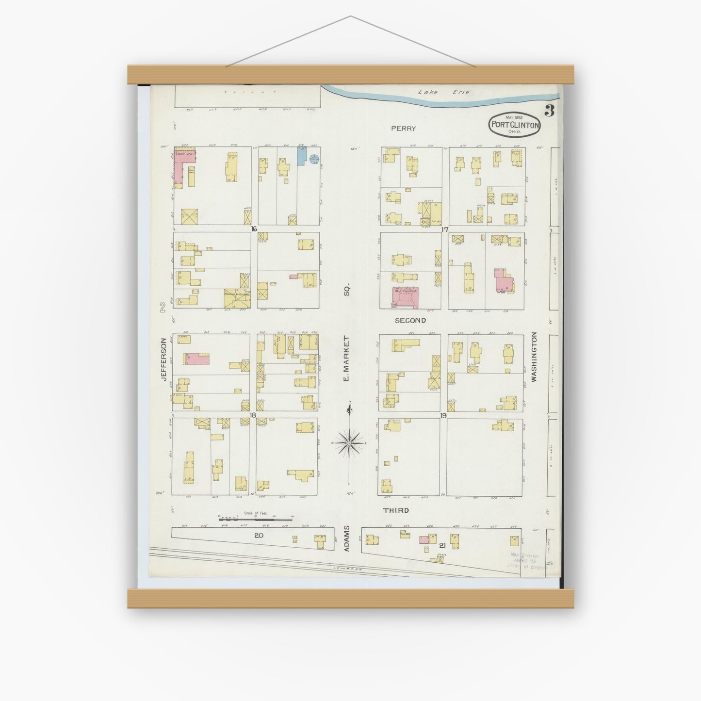 Old map wall art mockup — magnetic wood frame on white wall — Sanborn Fire Insurance Map from Port Clinton, Ottawa County, Ohio (1893), Sheet #0003