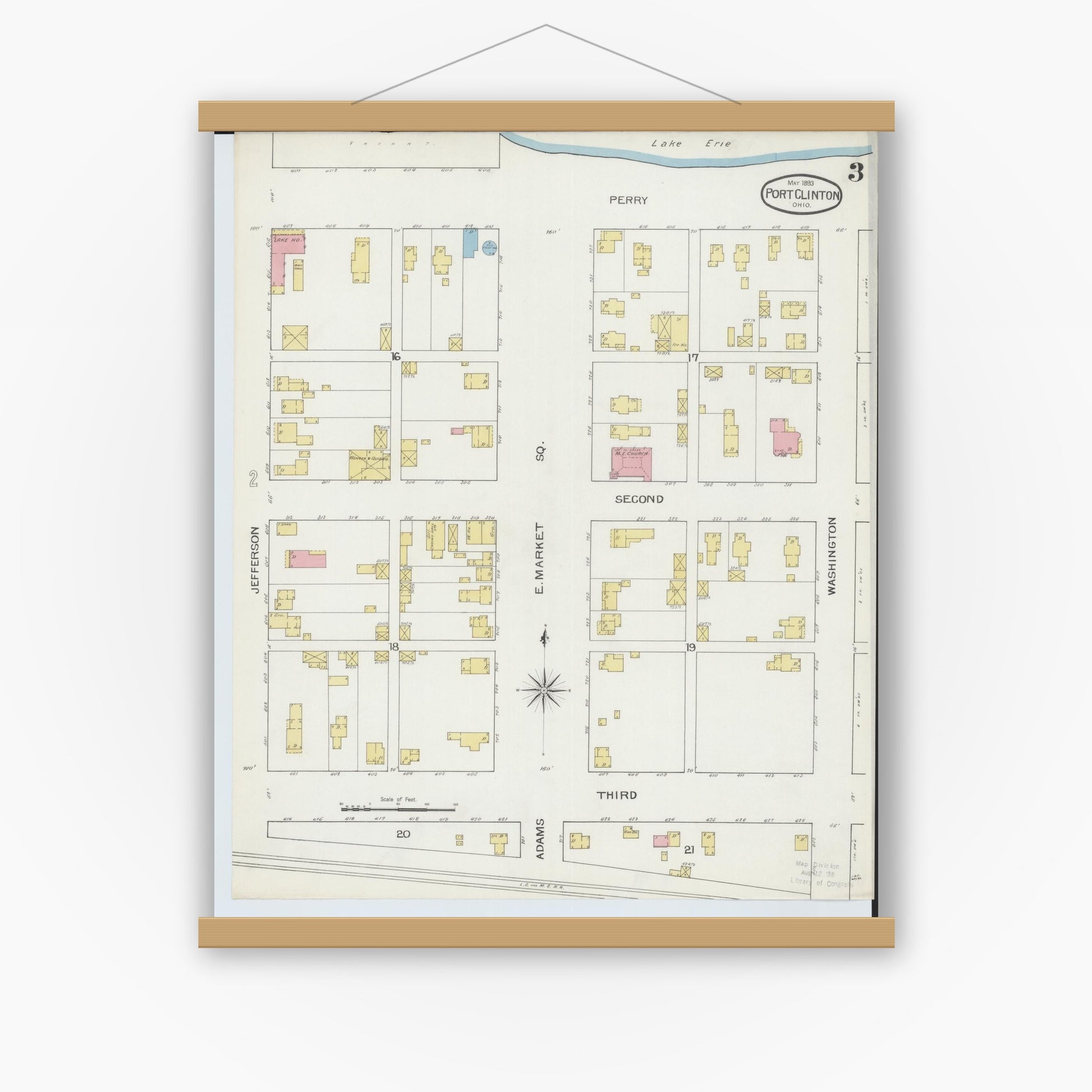 Old map wall art mockup — magnetic wood frame on white wall — Sanborn Fire Insurance Map from Port Clinton, Ottawa County, Ohio (1893), Sheet #0003