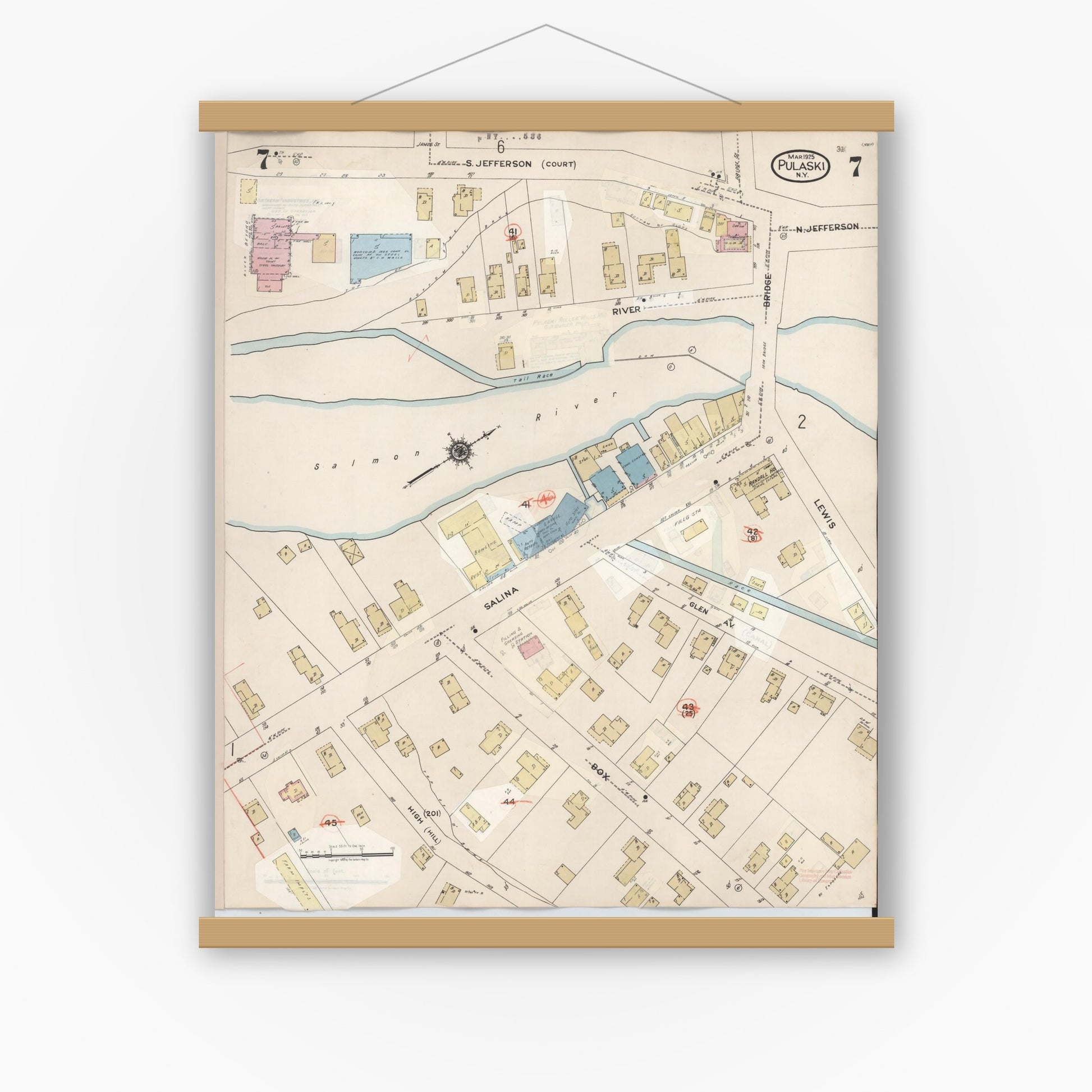 Old map wall art mockup — magnetic wood frame on white wall — Sanborn Fire Insurance Map from Pulaski, Oswego County, New York (1959), Sheet #0007