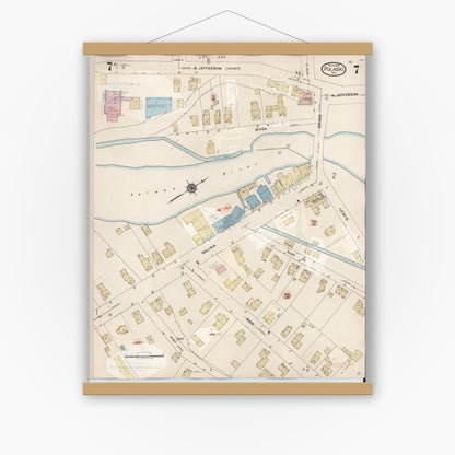 Old map wall art mockup — magnetic wood frame on white wall — Sanborn Fire Insurance Map from Pulaski, Oswego County, New York (1959), Sheet #0007