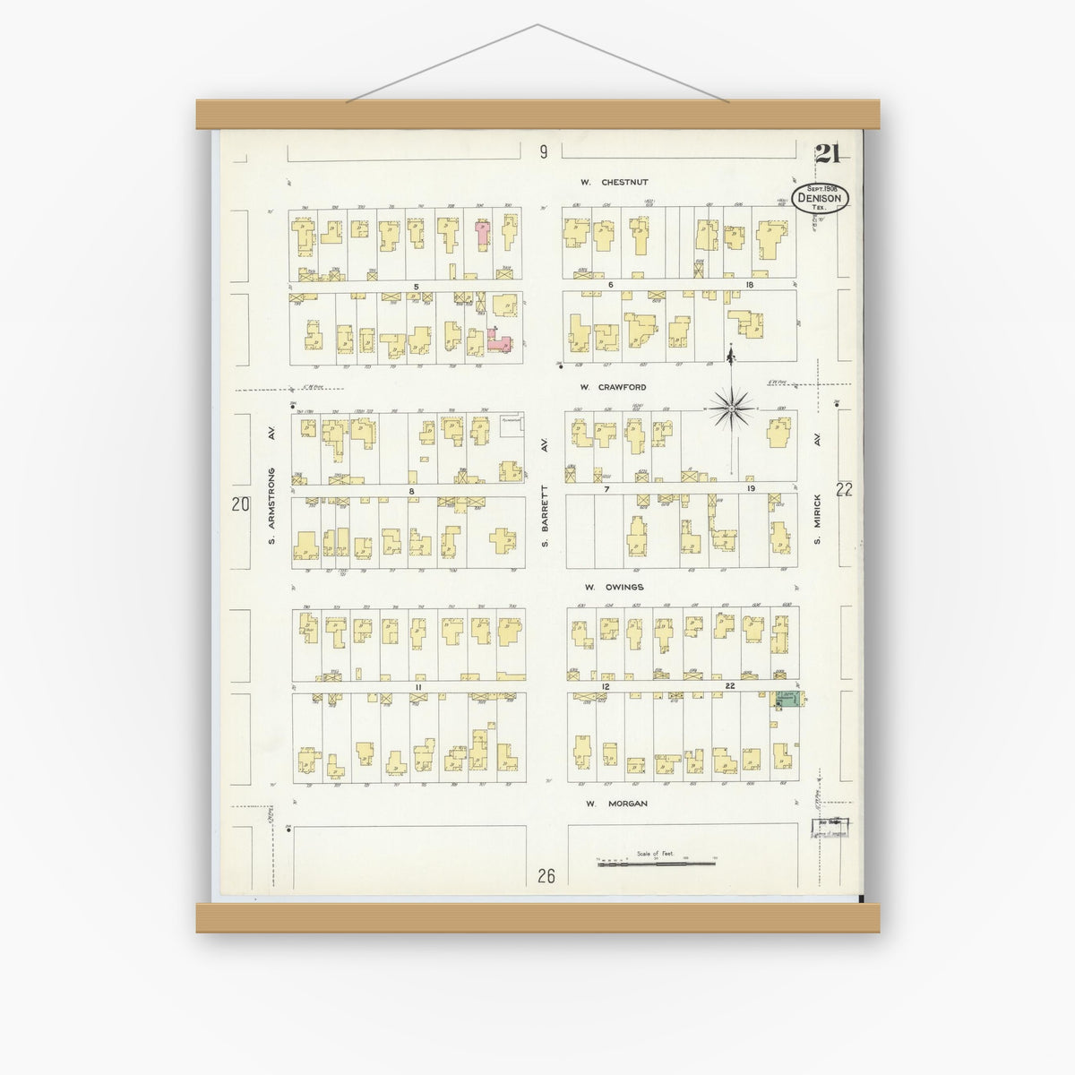 Old map wall art mockup — magnetic wood frame on white wall — Sanborn Fire Insurance Map from Denison, Grayson County, Texas (1908), Sheet #0021