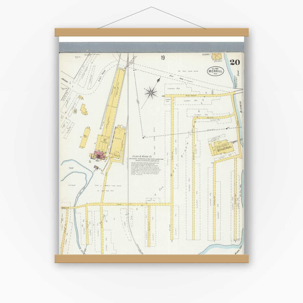 Old map wall art mockup — magnetic wood frame on white wall — Sanborn Fire Insurance Map from Merrill, Lincoln County, Wisconsin (1902), Sheet #0020