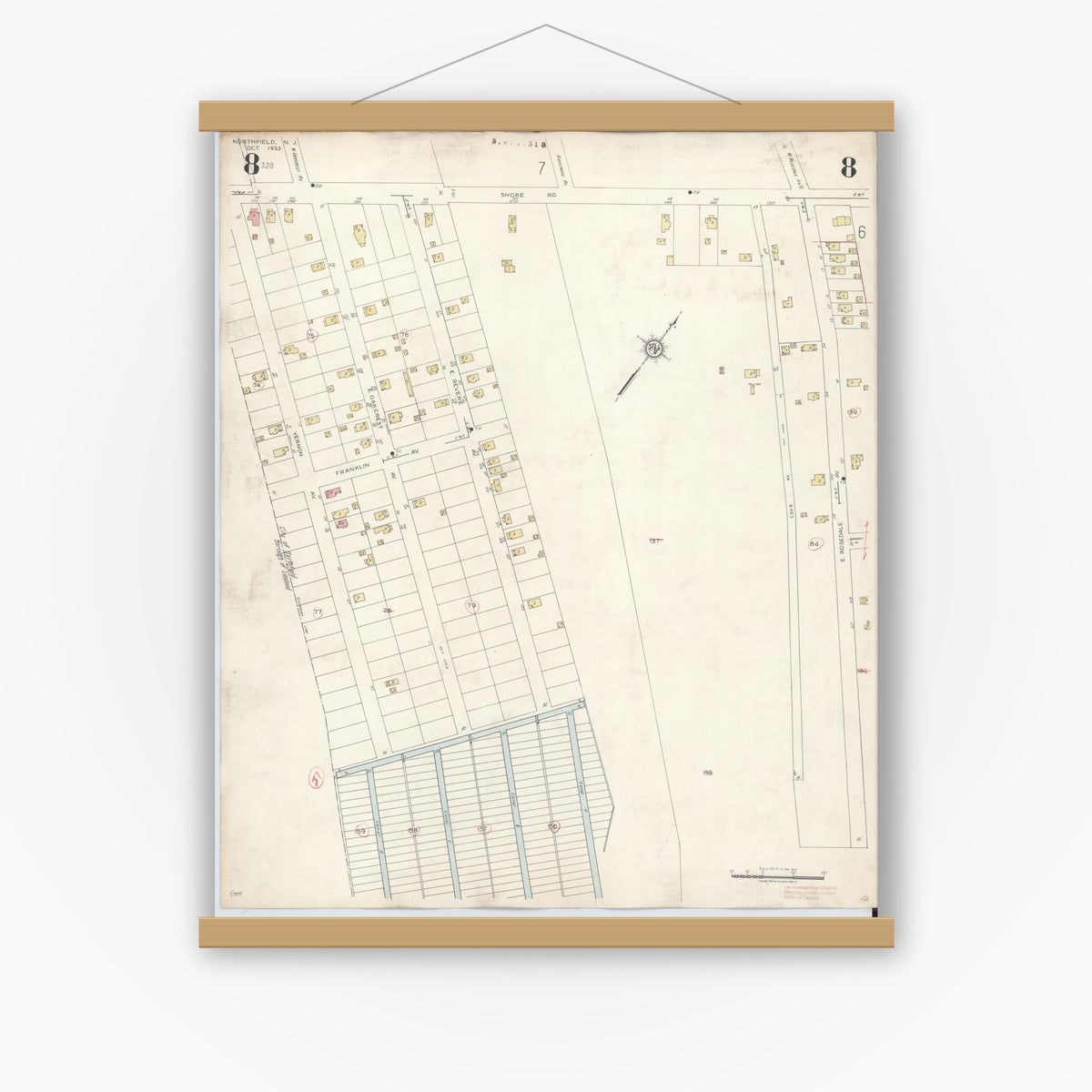 Old map wall art mockup — magnetic wood frame on white wall — Sanborn Fire Insurance Map from Northfield, Atlantic County, New Jersey (1942), Sheet #0008