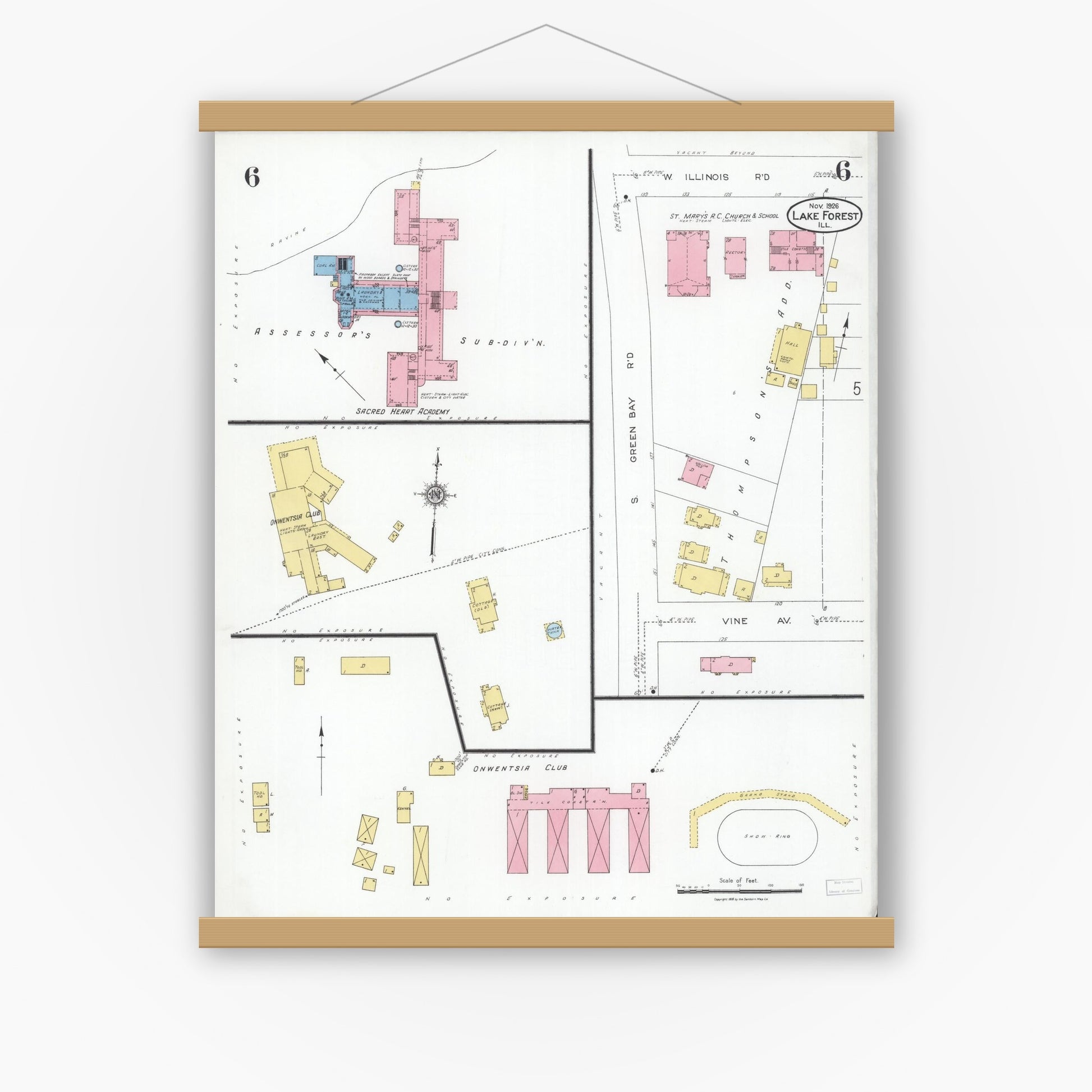 Old map wall art mockup — magnetic wood frame on white wall — Sanborn Fire Insurance Map from Lake Forest, Lake County, Illinois (1926), Sheet #0006