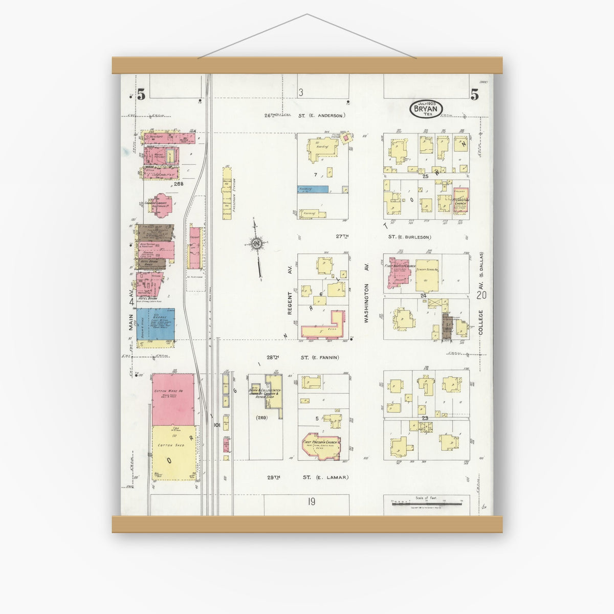 Old map wall art mockup — magnetic wood frame on white wall — Sanborn Fire Insurance Map from Bryan, Brazos County, Texas (1925), Sheet #0005