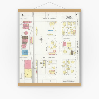 Old map wall art mockup — magnetic wood frame on white wall — Sanborn Fire Insurance Map from Bryan, Brazos County, Texas (1925), Sheet #0005