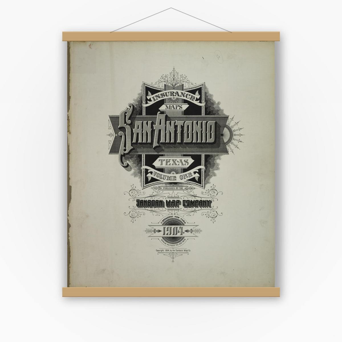 Old map wall art mockup — magnetic wood frame on white wall — Sanborn Fire Insurance Map from San Antonio, Bexar County, Texas (1904), Sheet #0001