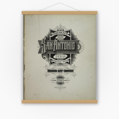 Old map wall art mockup — magnetic wood frame on white wall — Sanborn Fire Insurance Map from San Antonio, Bexar County, Texas (1904), Sheet #0001