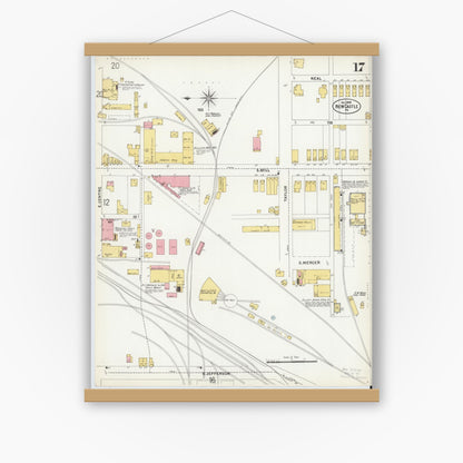 Old map wall art mockup — magnetic wood frame on white wall — Sanborn Fire Insurance Map from New Castle, Lawrence County, Pennsylvania (1899), Sheet #0017