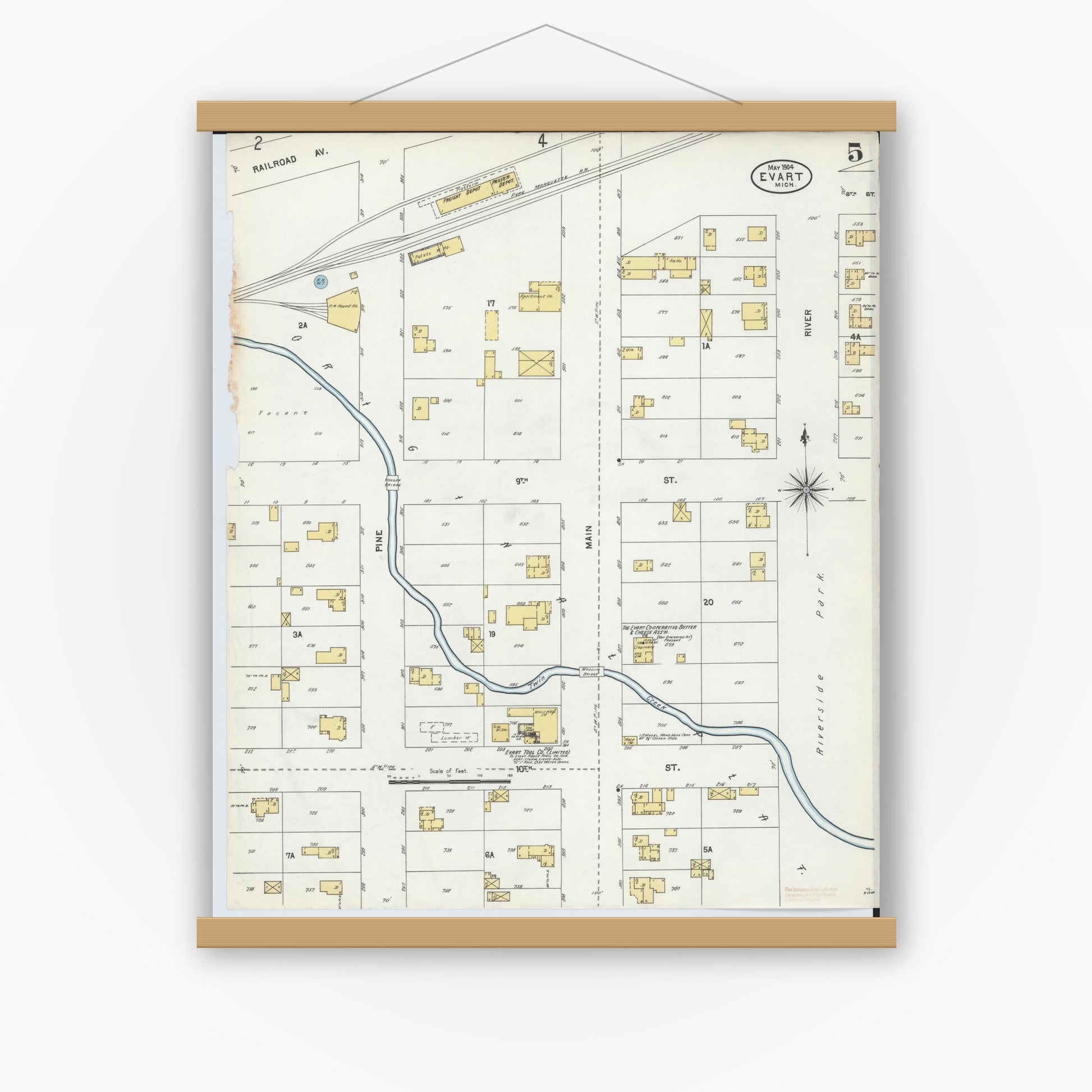 Old map wall art mockup — magnetic wood frame on white wall — Sanborn Fire Insurance Map from Evart, Osceola County, Michigan (1904), Sheet #0005