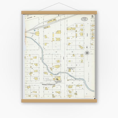 Old map wall art mockup — magnetic wood frame on white wall — Sanborn Fire Insurance Map from Evart, Osceola County, Michigan (1904), Sheet #0005