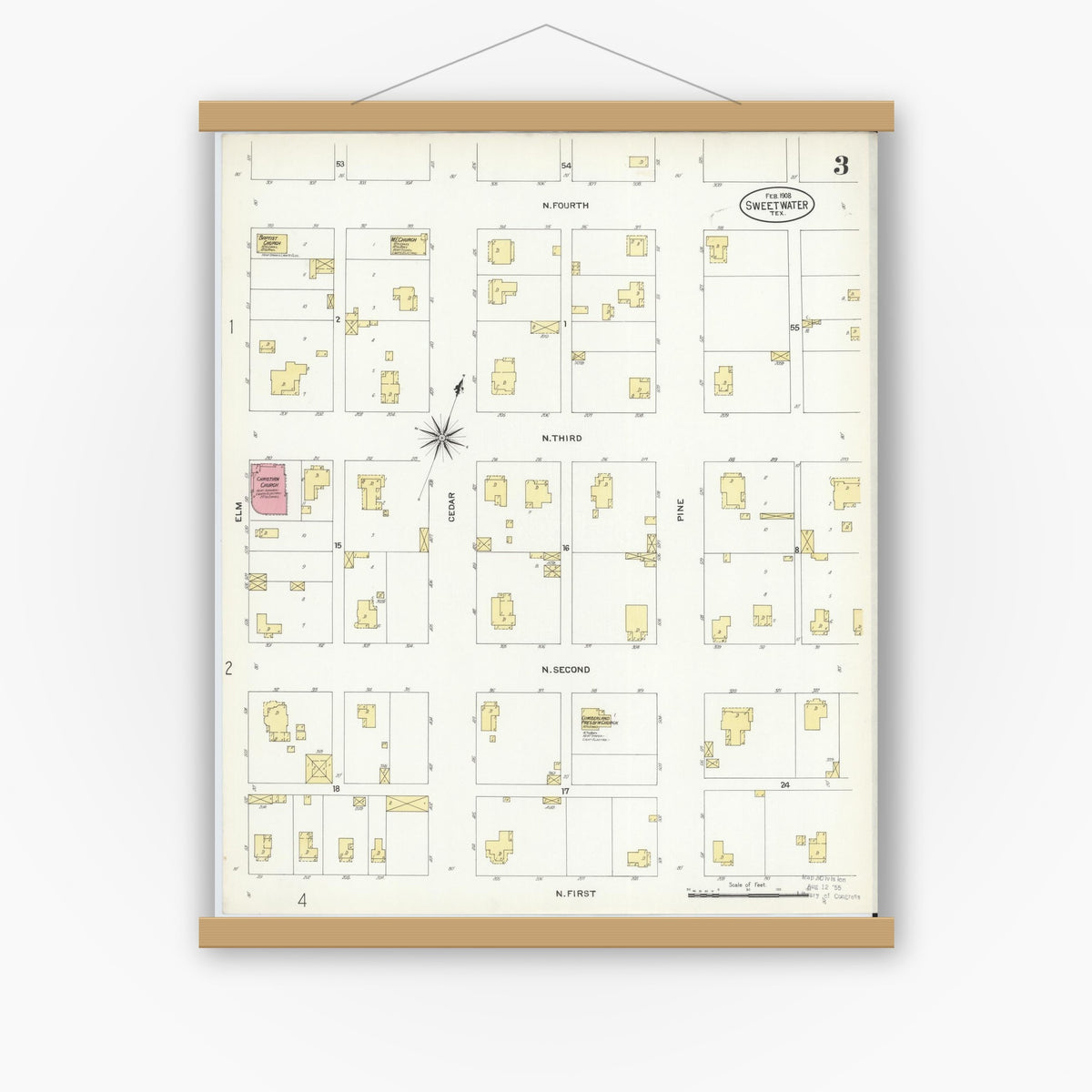 Old map wall art mockup — magnetic wood frame on white wall — Sanborn Fire Insurance Map from Sweetwater, Nolan County, Texas (1908), Sheet #0003