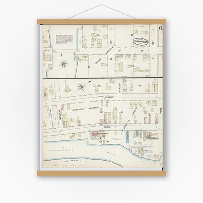 Old map wall art mockup — magnetic wood frame on white wall — Sanborn Fire Insurance Map from Cheboygan, Cheboygan County, Michigan (1884), Sheet #0006