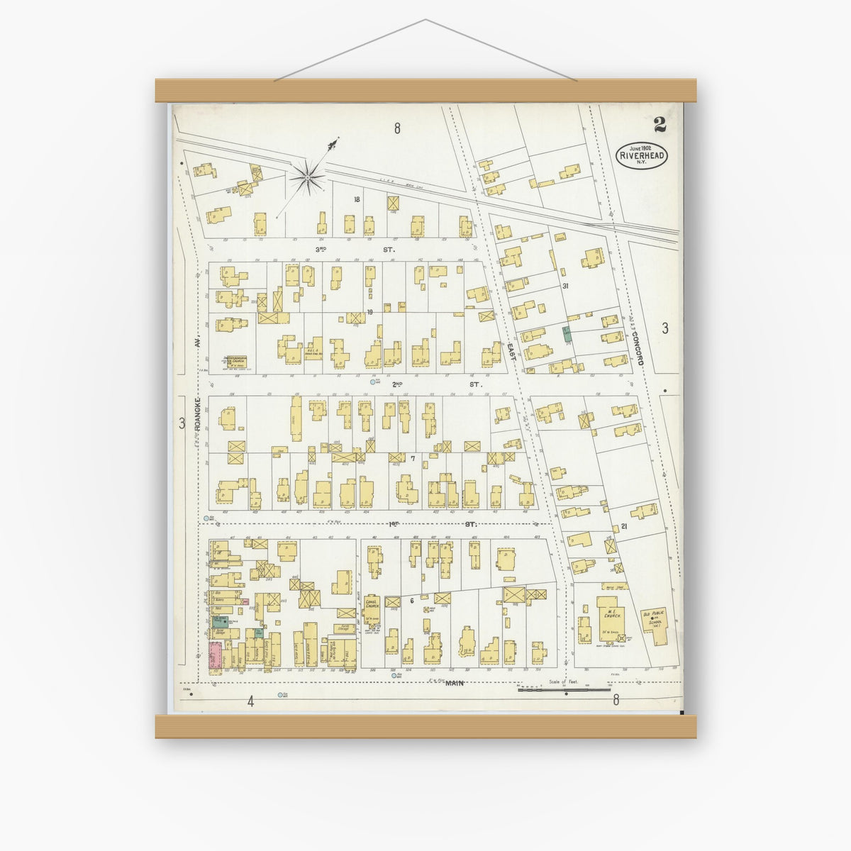 Old map wall art mockup — magnetic wood frame on white wall — Sanborn Fire Insurance Map from Riverhead, Suffolk County, New York (1902), Sheet #0002