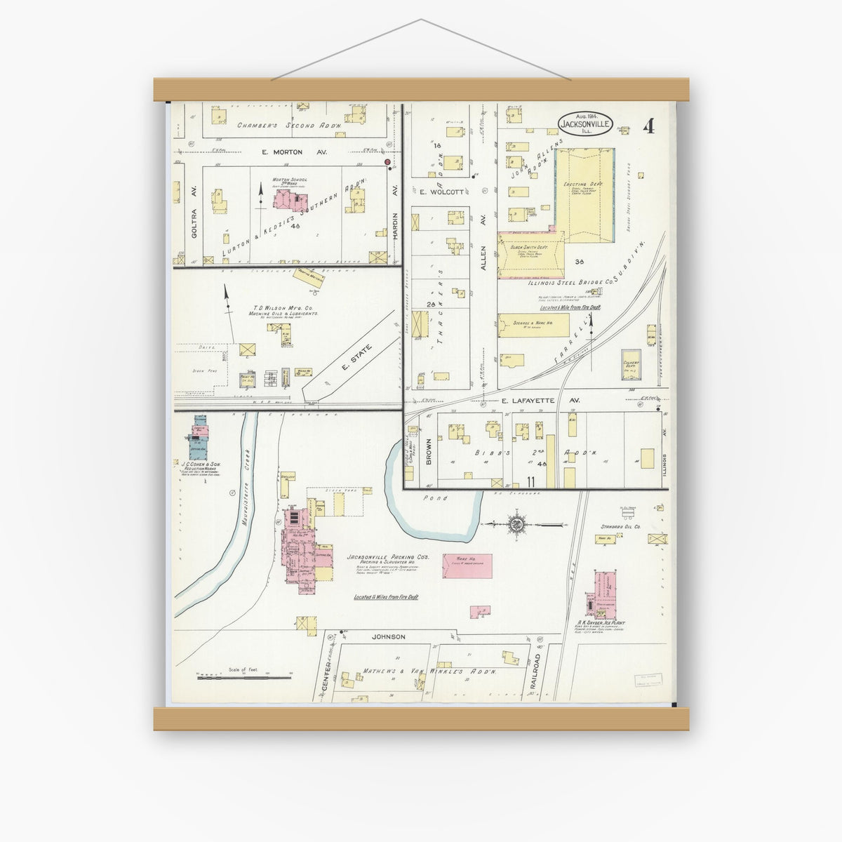 Old map wall art mockup — magnetic wood frame on white wall — Sanborn Fire Insurance Map from Jacksonville, Morgan County, Illinois (1914), Sheet #0004