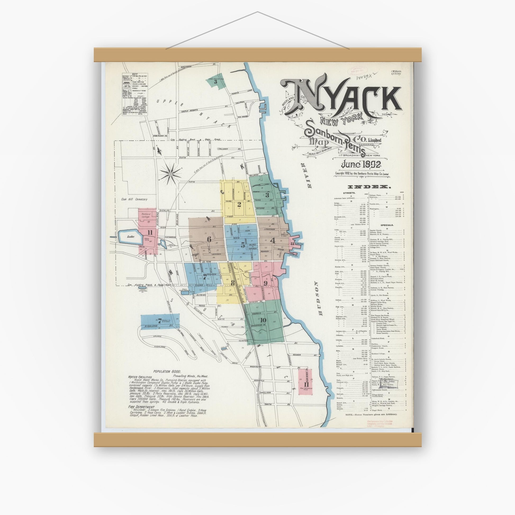 Old map wall art mockup — magnetic wood frame on white wall — Sanborn Fire Insurance Map from Nyack, Rockland County, New York. (1892), Sheet #0000