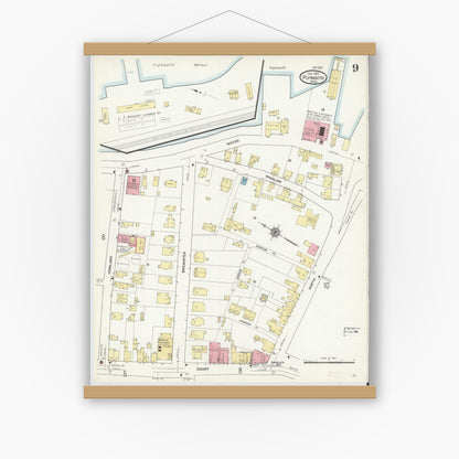 Old map wall art mockup — magnetic wood frame on white wall — Sanborn Fire Insurance Map from Plymouth, Plymouth County, Massachusetts (1912), Sheet #0009