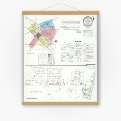 Old map wall art mockup — magnetic wood frame on white wall — Sanborn Fire Insurance Map from Morton, Tazewell County, Illinois (1940), Sheet #0001