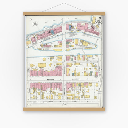 Old map wall art mockup — magnetic wood frame on white wall — Sanborn Fire Insurance Map from Neenah, Winnebago County, Wisconsin (1900), Sheet #0003