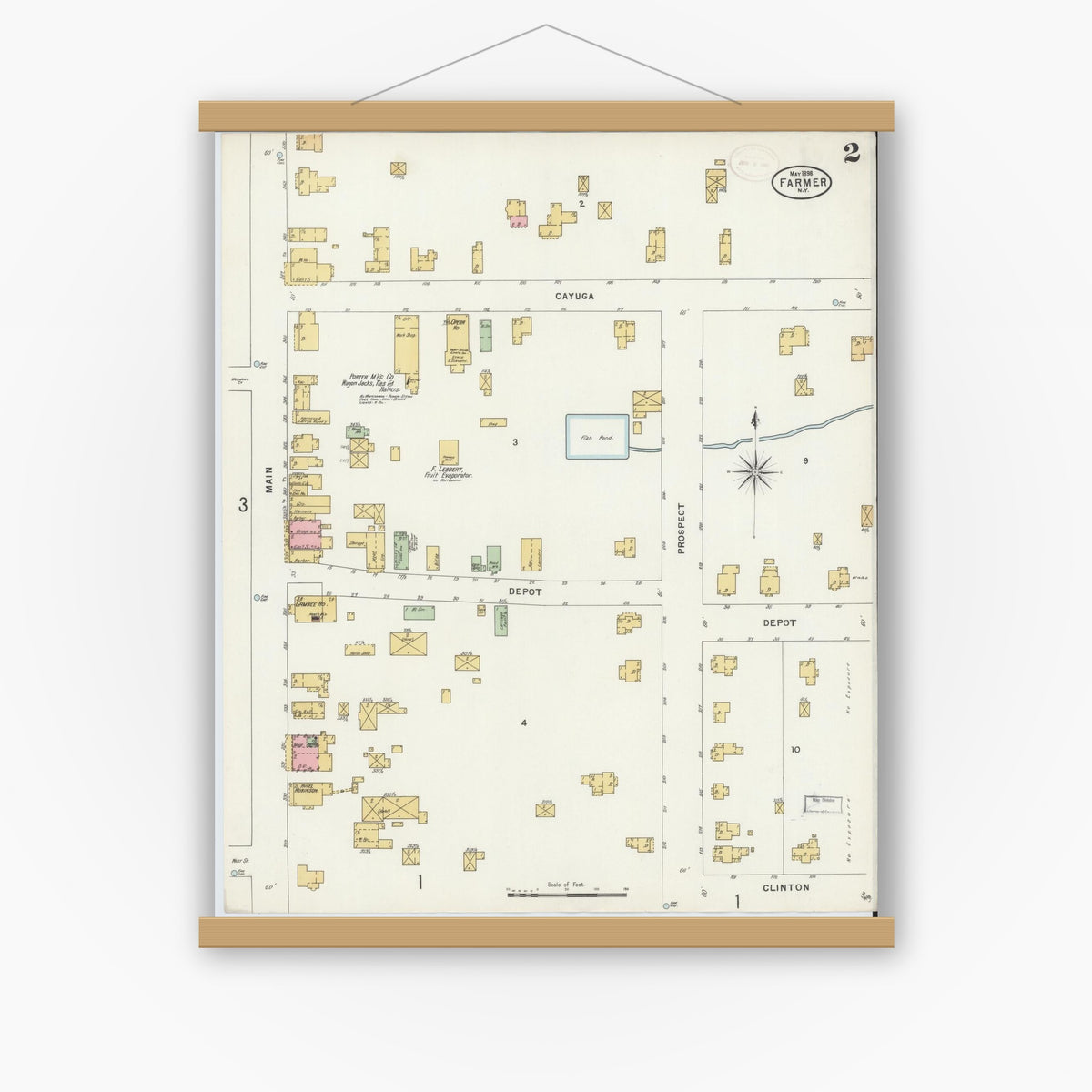 Old map wall art mockup — magnetic wood frame on white wall — Sanborn Fire Insurance Map from Farmer, Seneca County, New York (1898), Sheet #0002