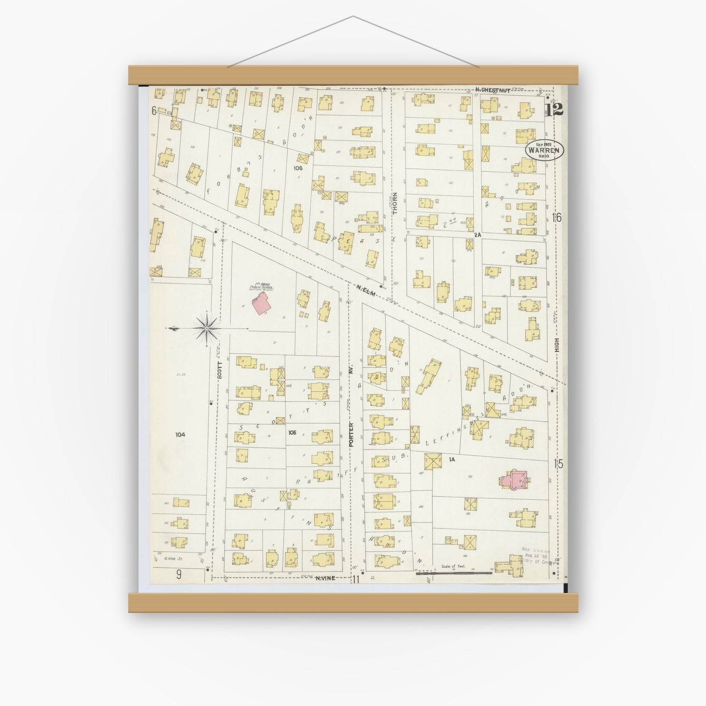 Old map wall art mockup — magnetic wood frame on white wall — Sanborn Fire Insurance Map from Warren, Trumbull County, Ohio (1902), Sheet #0012