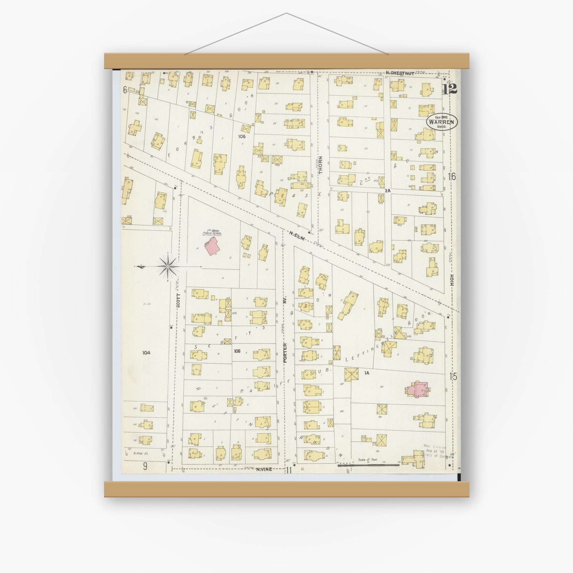Old map wall art mockup — magnetic wood frame on white wall — Sanborn Fire Insurance Map from Warren, Trumbull County, Ohio (1902), Sheet #0012