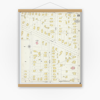 Old map wall art mockup — magnetic wood frame on white wall — Sanborn Fire Insurance Map from Warren, Trumbull County, Ohio (1902), Sheet #0012
