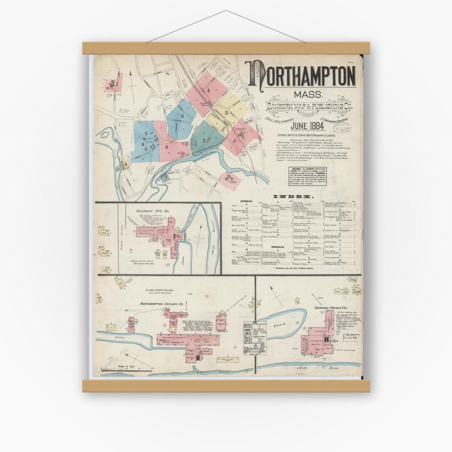 Old map wall art mockup — magnetic wood frame on white wall — Sanborn Fire Insurance Map from Northampton, Hampshire County, Massachusetts (1884), Sheet #0001