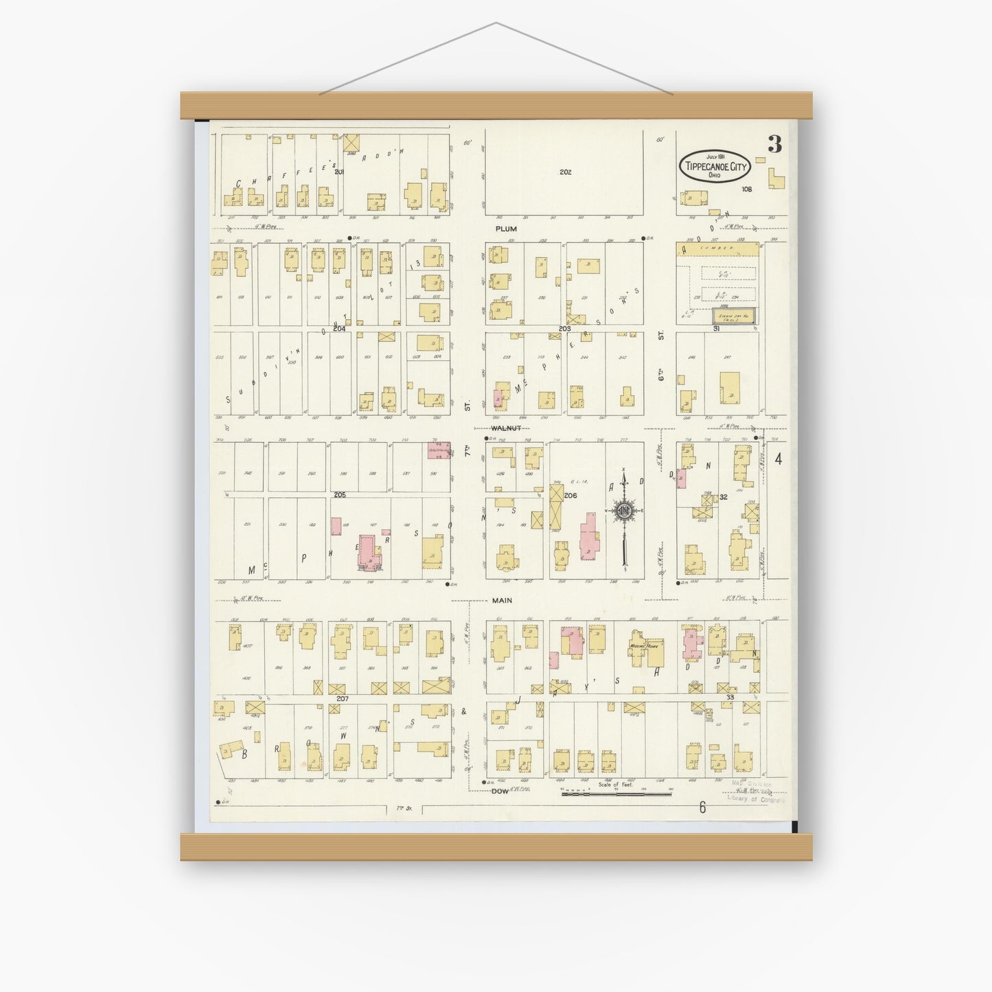 Old map wall art mockup — magnetic wood frame on white wall — Sanborn Fire Insurance Map from Tipp City, Miami County, Ohio (1911), Sheet #0003