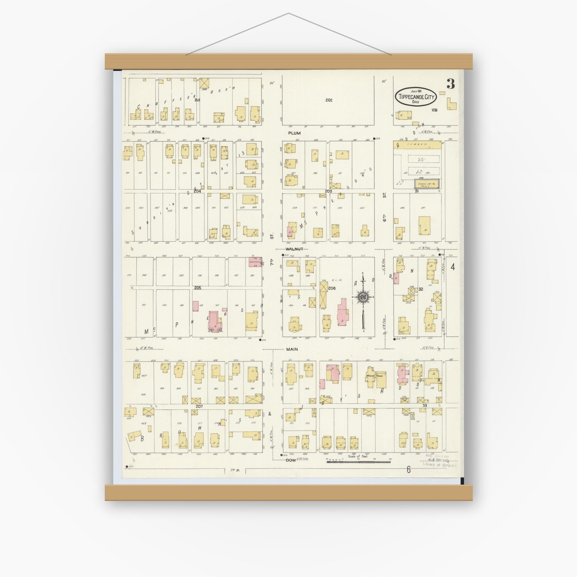Old map wall art mockup — magnetic wood frame on white wall — Sanborn Fire Insurance Map from Tipp City, Miami County, Ohio (1911), Sheet #0003