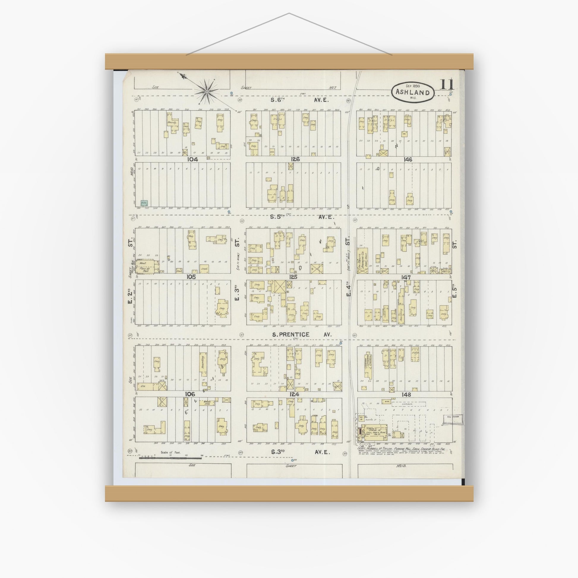 Old map wall art mockup — magnetic wood frame on white wall — Sanborn Fire Insurance Map from Ashland, Ashland County, Wisconsin (1890), Sheet #0011