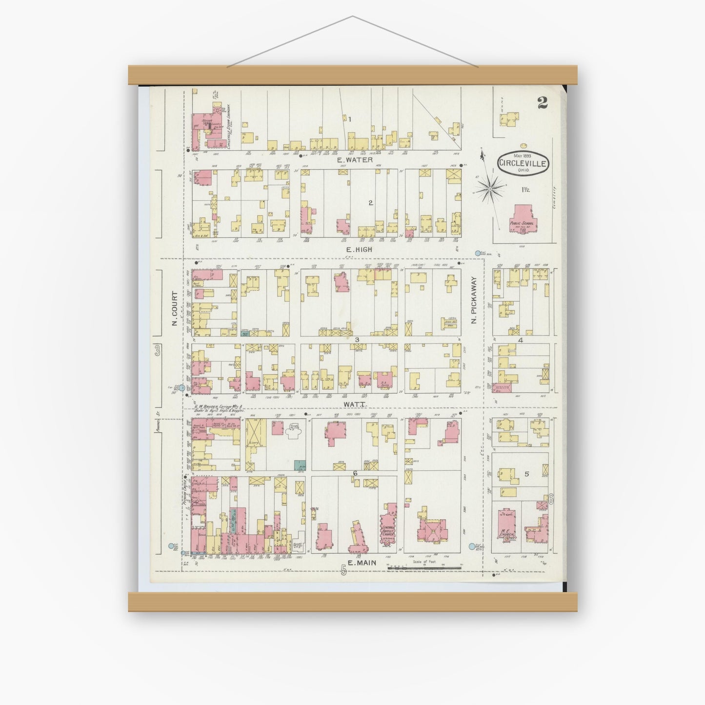 Old map wall art mockup — magnetic wood frame on white wall — Sanborn Fire Insurance Map from Circleville, Pickaway County, Ohio (1893), Sheet #0002