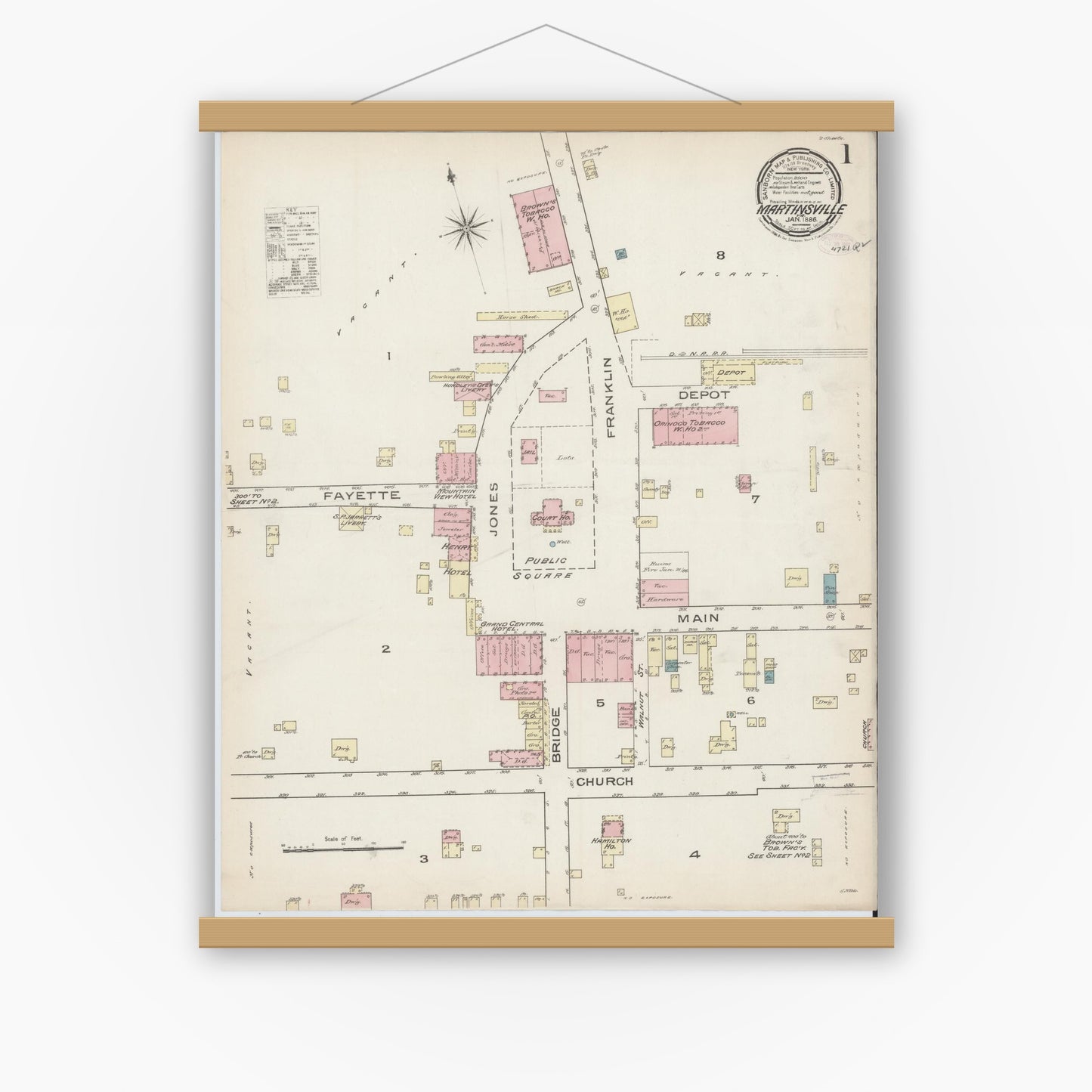 Old map wall art mockup — magnetic wood frame on white wall — Sanborn Fire Insurance Map from Martinsville, Independent Cities, Virginia (1886), Sheet #0001