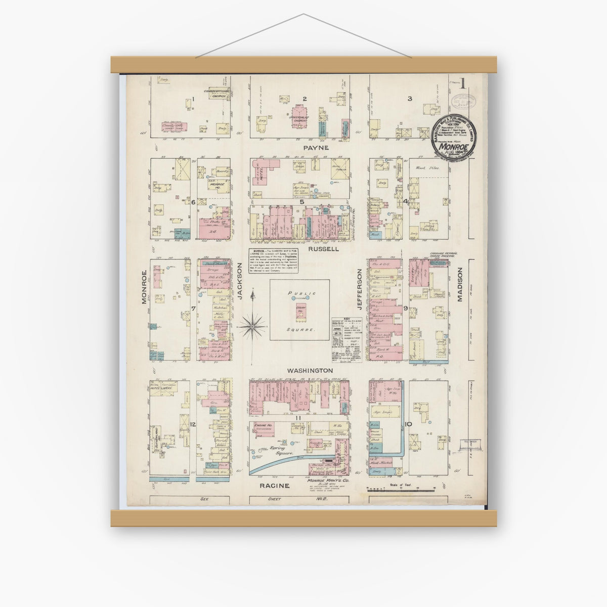 Old map wall art mockup — magnetic wood frame on white wall — Sanborn Fire Insurance Map from Monroe, Green County, Wisconsin (1884) - Complete Map Set