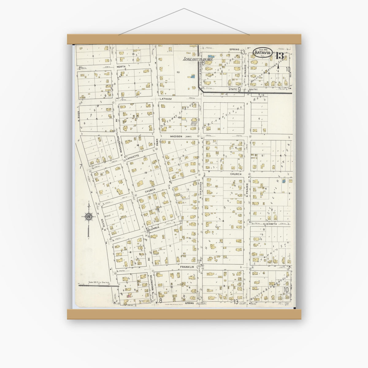 Old map wall art mockup — magnetic wood frame on white wall — Sanborn Fire Insurance Map from Batavia, Kane County, Illinois (1916), Sheet #0013