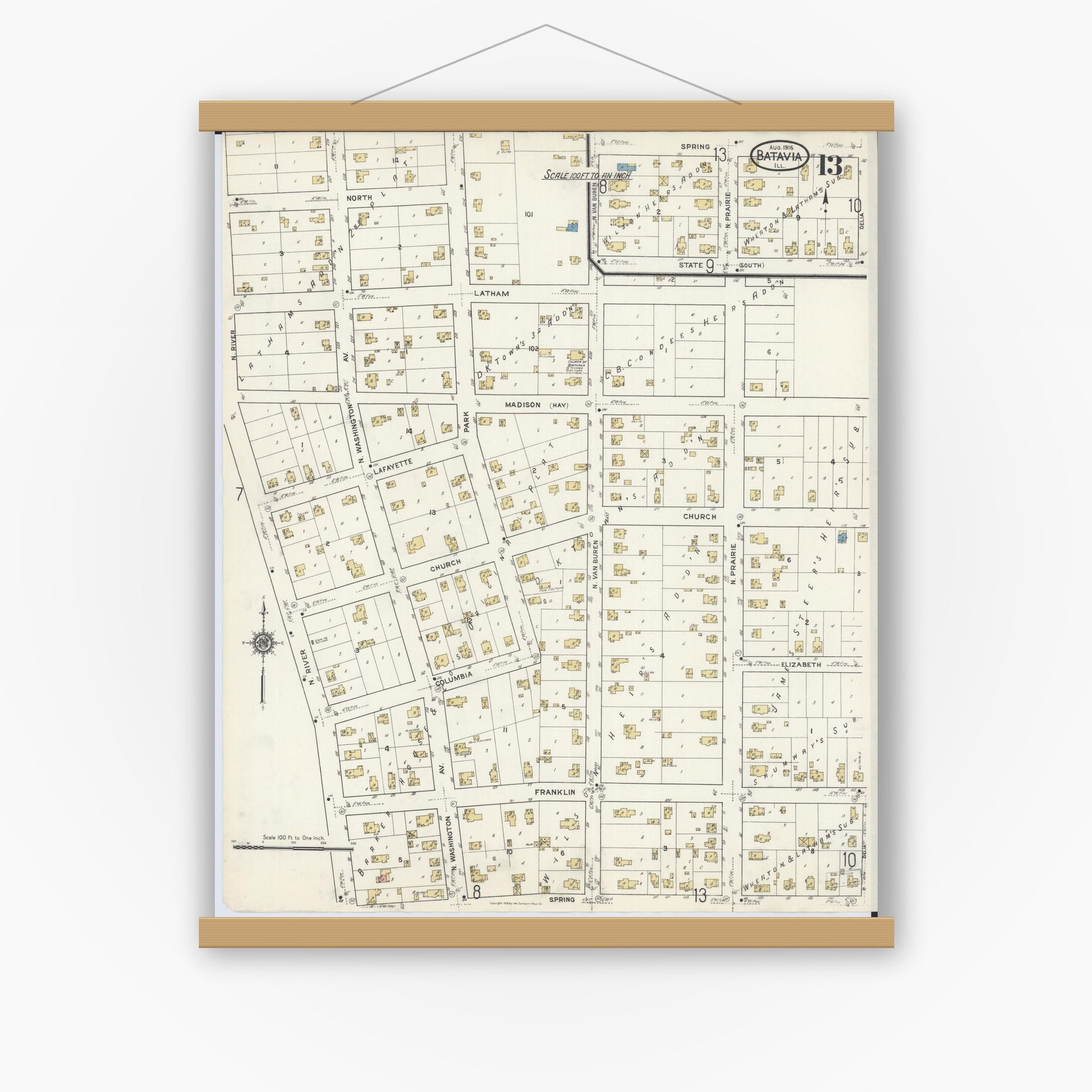 Old map wall art mockup — magnetic wood frame on white wall — Sanborn Fire Insurance Map from Batavia, Kane County, Illinois (1916), Sheet #0013