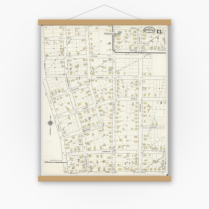 Old map wall art mockup — magnetic wood frame on white wall — Sanborn Fire Insurance Map from Batavia, Kane County, Illinois (1916), Sheet #0013