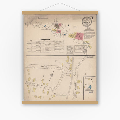 Old map wall art mockup — magnetic wood frame on white wall — Sanborn Fire Insurance Map from Holden, Worcester County, Massachusetts (1921) - Complete Map Set